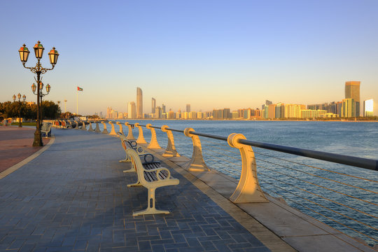 City skyline from the Corniche at dusk in Abu Dhabi
