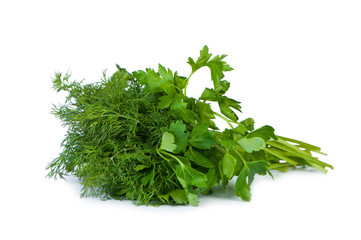 Parsley and dill on white background.