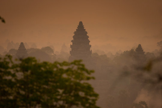 View of sunrise at the temple on the hill, Angkor Wat, Cambodia