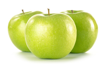 Composition with three green apples isolated on white