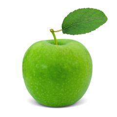 Green apple with leaf isolated on white