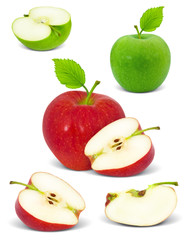 Collection of apples and slices isolated on white