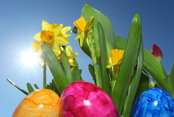 Frühlingsblumen mit Ostereiern