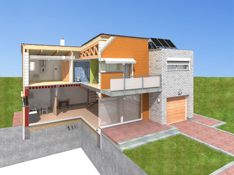 Detailed rendering of a modern house in the section
