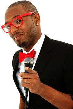 Attractive Black Male Singer With Microphone