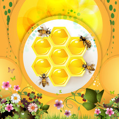 Bees and honeycomb over yellow background