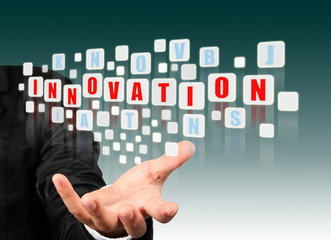 Hand holding with red innovation alphabet