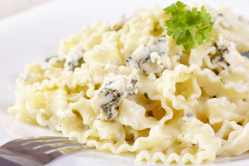 European cuisine. Pasta in cream sauce with blue cheese