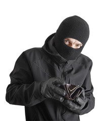 Masked criminal holding a stolen leather purse, isolated on whit