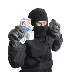 Masked criminal holding a stolen leather purse, isolated on whit