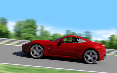 Plakat czerwony samochód sportowy szybciej