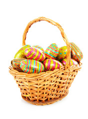Cane basket with colorful easter eggs