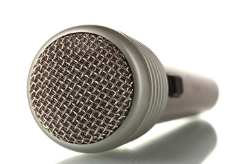 Shiny grey iron microphone isolated on white