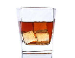 glass of whiskey and ice isolated on white