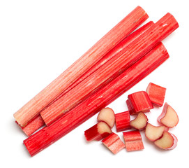 freshly cut stems of rhubarb on a white background