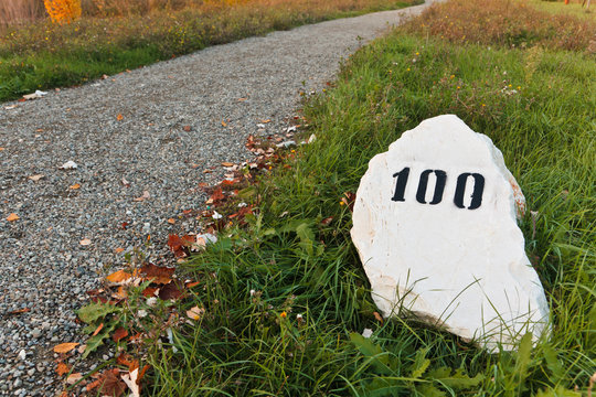 Mile stone in the grass near the road