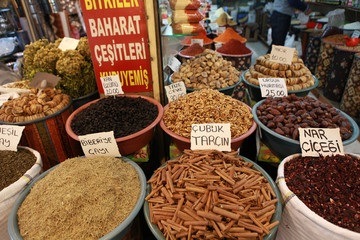 View of herbalist in the bazaar in Kayseri, Turkey.