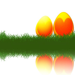 heart on easter eggs  on green grass with reflection