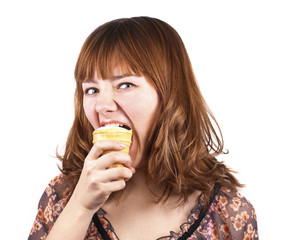 Portrait of funny expression girl eating ice-cream