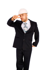 Engineer in the helmet on a white background