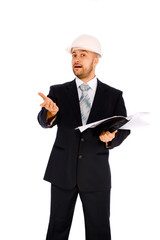 Engineer in the helmet on a white background