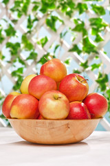 Ripe juicy apples on the table in the garden