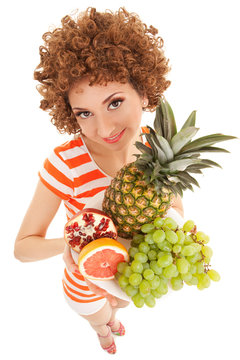 Fun woman with juicy fruits on the white background