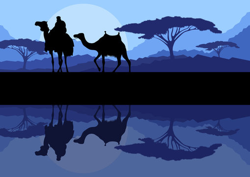 Camel caravan in wild mountain nature landscape background