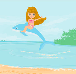 cute girl is riding a dolphin