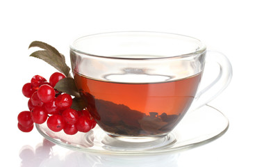 Black tea  with red viburnum in glass cup isolated on white