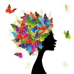 Female head with hairstyle made from butterflies for your design
