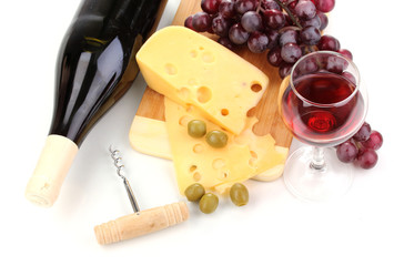 Bottle of great wine with wineglass and cheese isolated on white