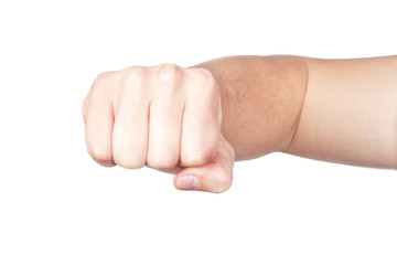 Hand, fist, elbow. On a white background.