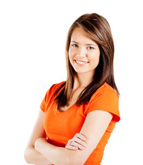 happy teen girl half length portrait isolated on white