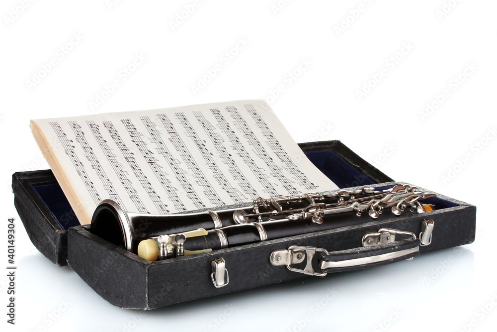 Wall mural antique clarinet in case and notebook with notes isolated