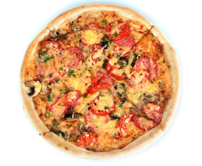 delicious pizza with sausage and vegetables isolated on white