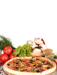 delicious pizza, vegetables and spices  isolated on white