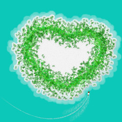 Bird eye view of heart shaped island with yacht as concept for r