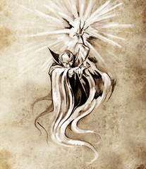 Sketch of tatto art, warlock, sorcerer, halloween concept