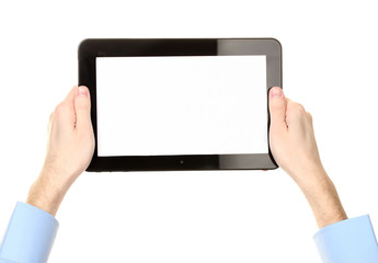male hands holding a tablet isolated on white