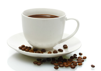 cup of coffee and beans isolated on white