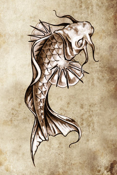 Sketch of tattoo art, japanese goldfish