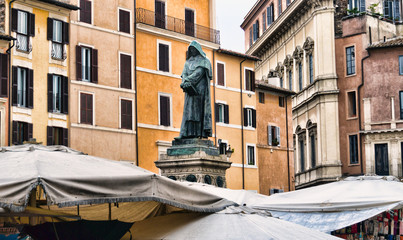 Giordano Bruno statue in Campo Dei Fiori square in Rome, Italy