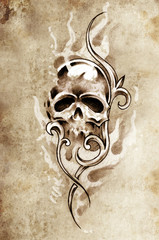 Sketch of tattoo art, skull devil, decorative vintage illustrati