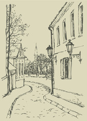 Vector landscape. The narrow streets of old town