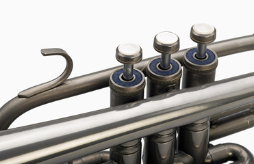 Old silver trumpet horn on a white background.