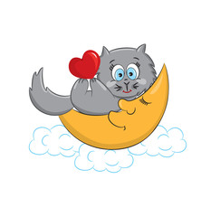 A cute cat with heart lying on the moon.Vector illustration