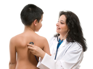 Doctor examines little child using stethoscope isolated
