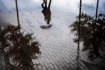 Couple with umbrella walking in reflection of flooded street