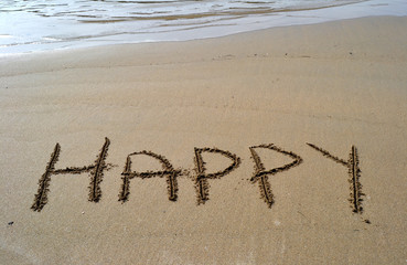 Playa con la palabra Happy escrita en la arena